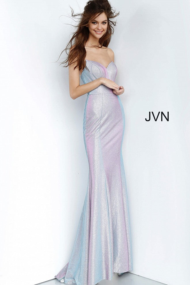 JVN 68190 is a Lilac Iridescent Shimmer Mermaid Prom Dress. Featuring a fitted slight mermaid silhouette with an iridescent color changing fabric. V neckline. slight train in the back.