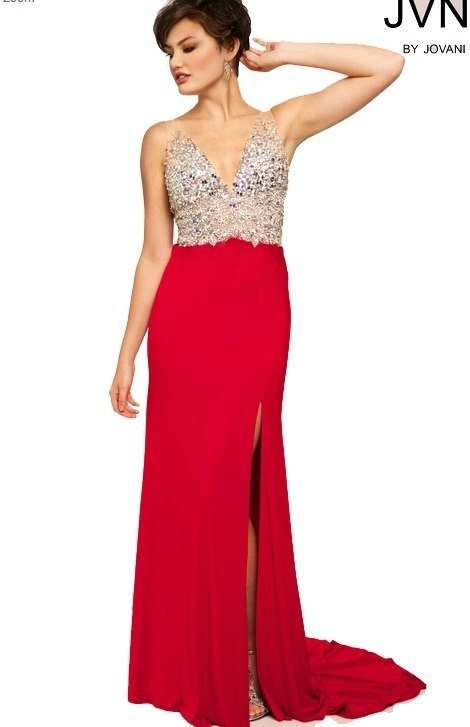Jovani JVN86957 Size 8 Red Jersey Crystal Bodice Sheer Pageant Dress slit