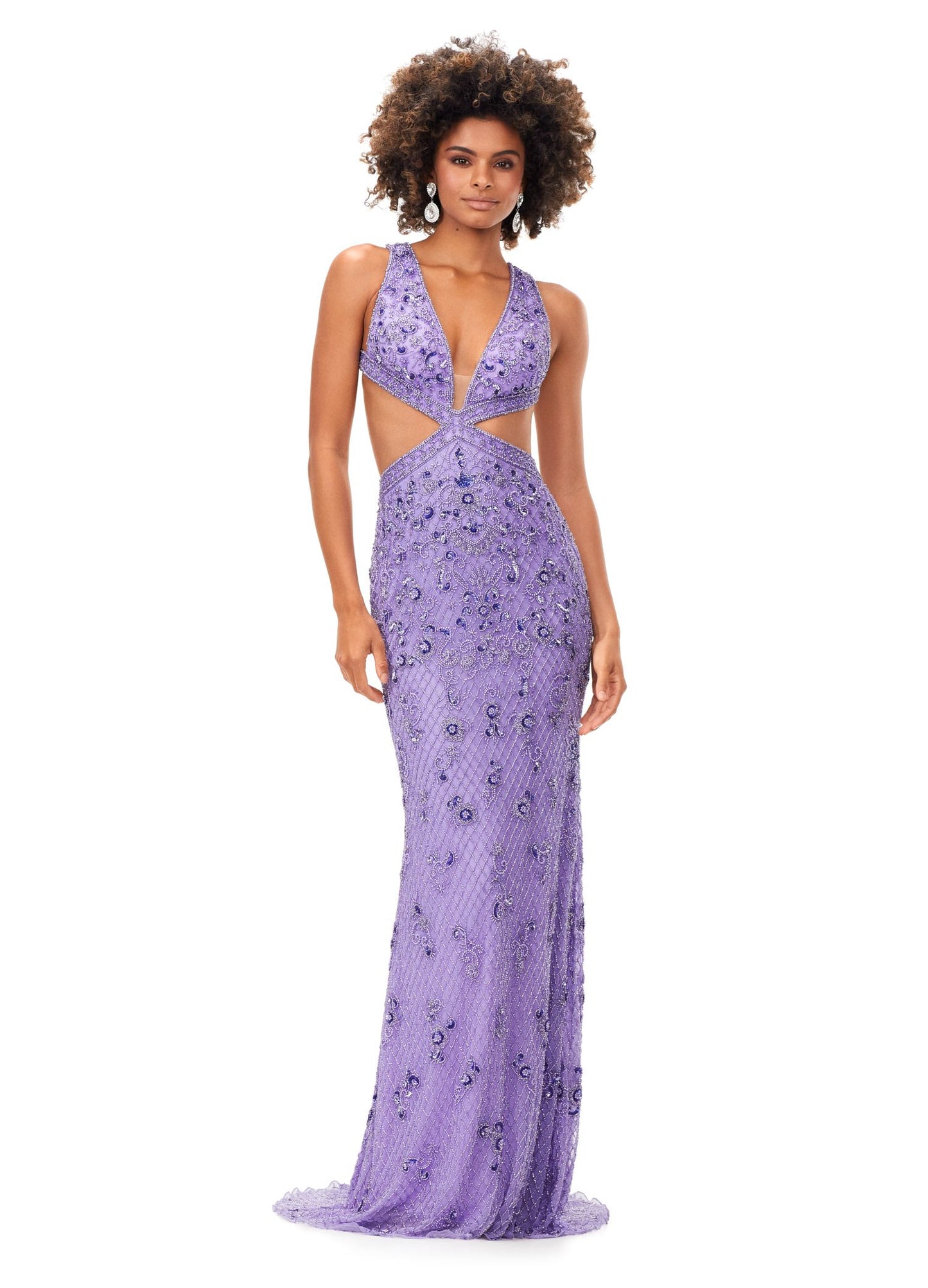 Ashley Lauren 11366 Turn heads in this v-neck gown with side cut outs and an intricate bead pattern. The gown is complete with a lace up open back and sweep train. V-Neckline Cut Outs Lace Up Back Sweep Train COLORS: Gold, Red, Lilac, Peacock