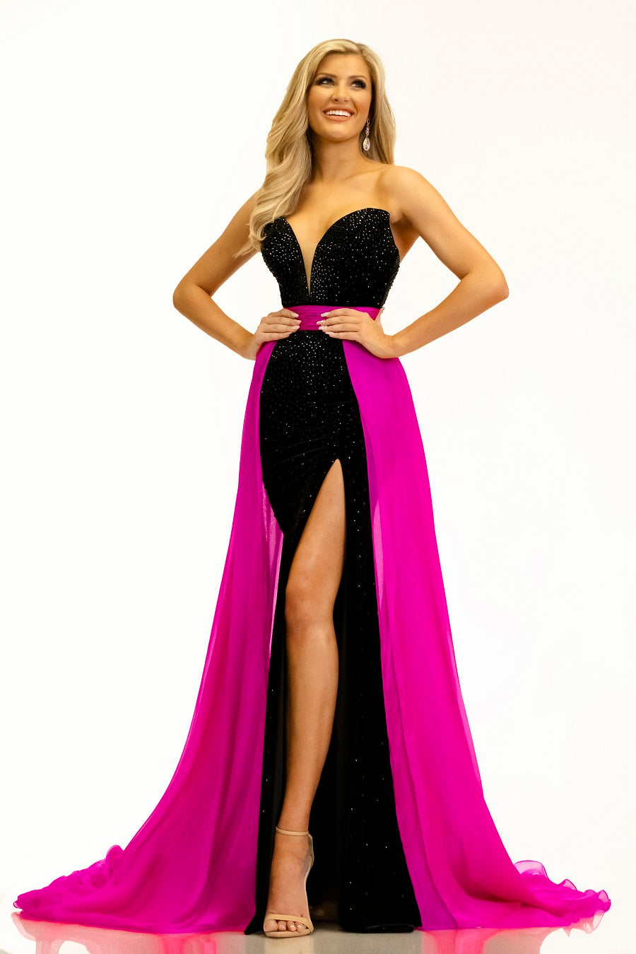 Johnathan-Kayne-2306-black-fuchsia-evening-pageant-dress-front-strapless-embellished-stretch-velvet-slit-overskirt