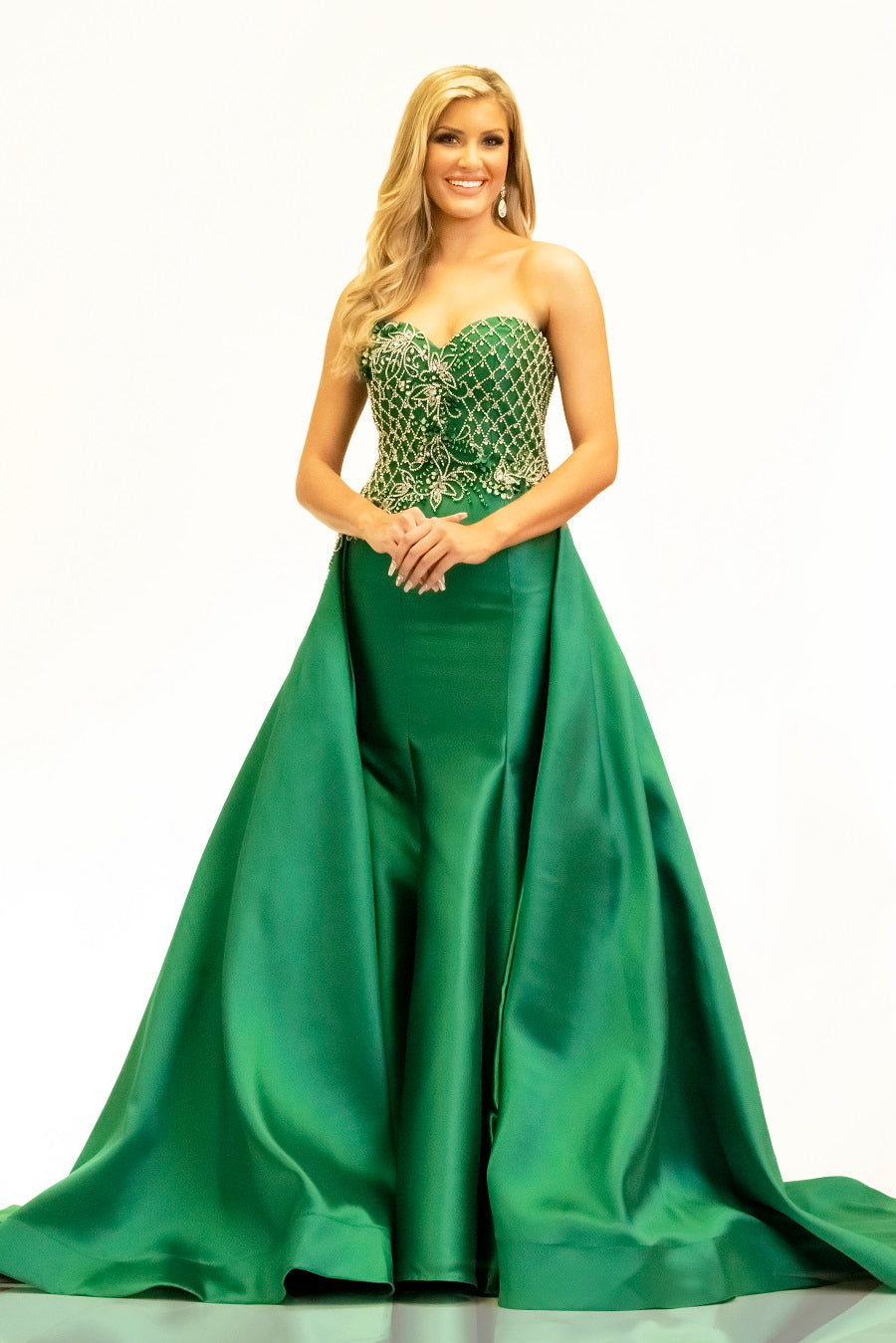 Johnathan Kayne 2333 Pageant Dress Strapless Sweetheart Overskirt Mikado Satin Emerald sz 4 Johnathan Kayne 2333 Pageant Dress Strapless Sweetheart Overskirt Mikado Satin Emerald sz 4