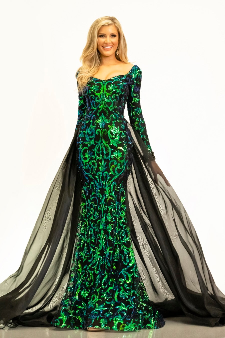 Johnathan-Kayne-2334-mermaid-black-pageant-dress-front-long-sleeves-embellished-overskirt