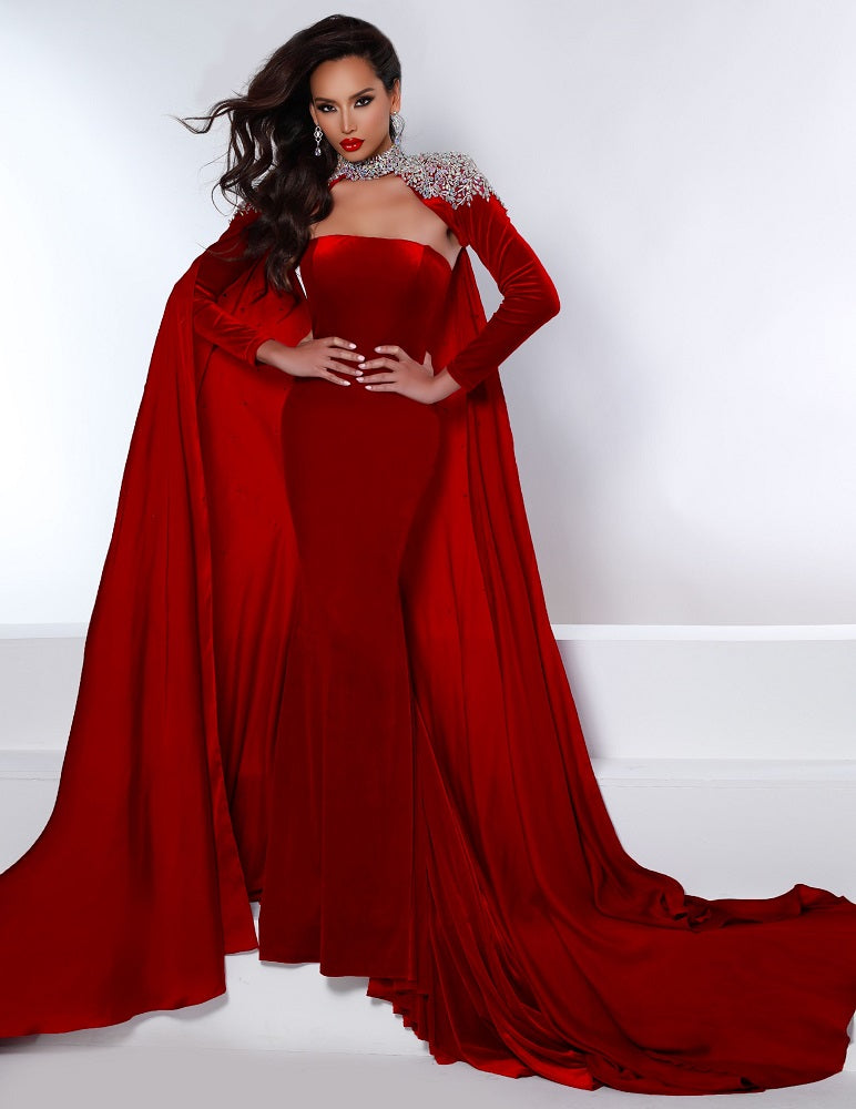Johnathan-Kayne-2453-Red-velvet-evening-pageant-dress-strapless-straight-neckline-with-embellished-long-sleeved-bolero-cape-1