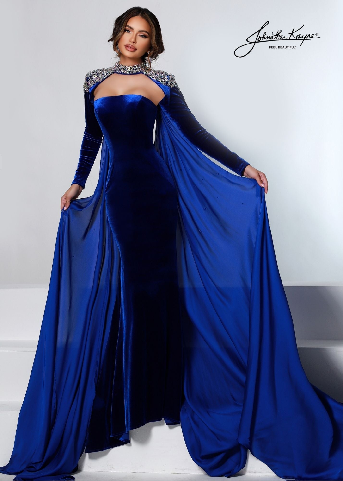 Johnathan-Kayne-2453-royal-blue-evening-pageant-gown-embellished-cape-velvet-long-fitted-dress