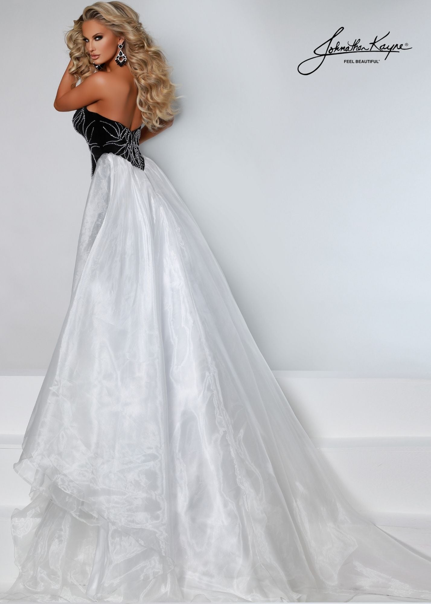 Johnathan-Kayne-2555-Black-White-Pageant-Gown-strapless-plunging-neckline-embellished-velvet-fitted-evening-dress-with-full-organza-overskirt-back