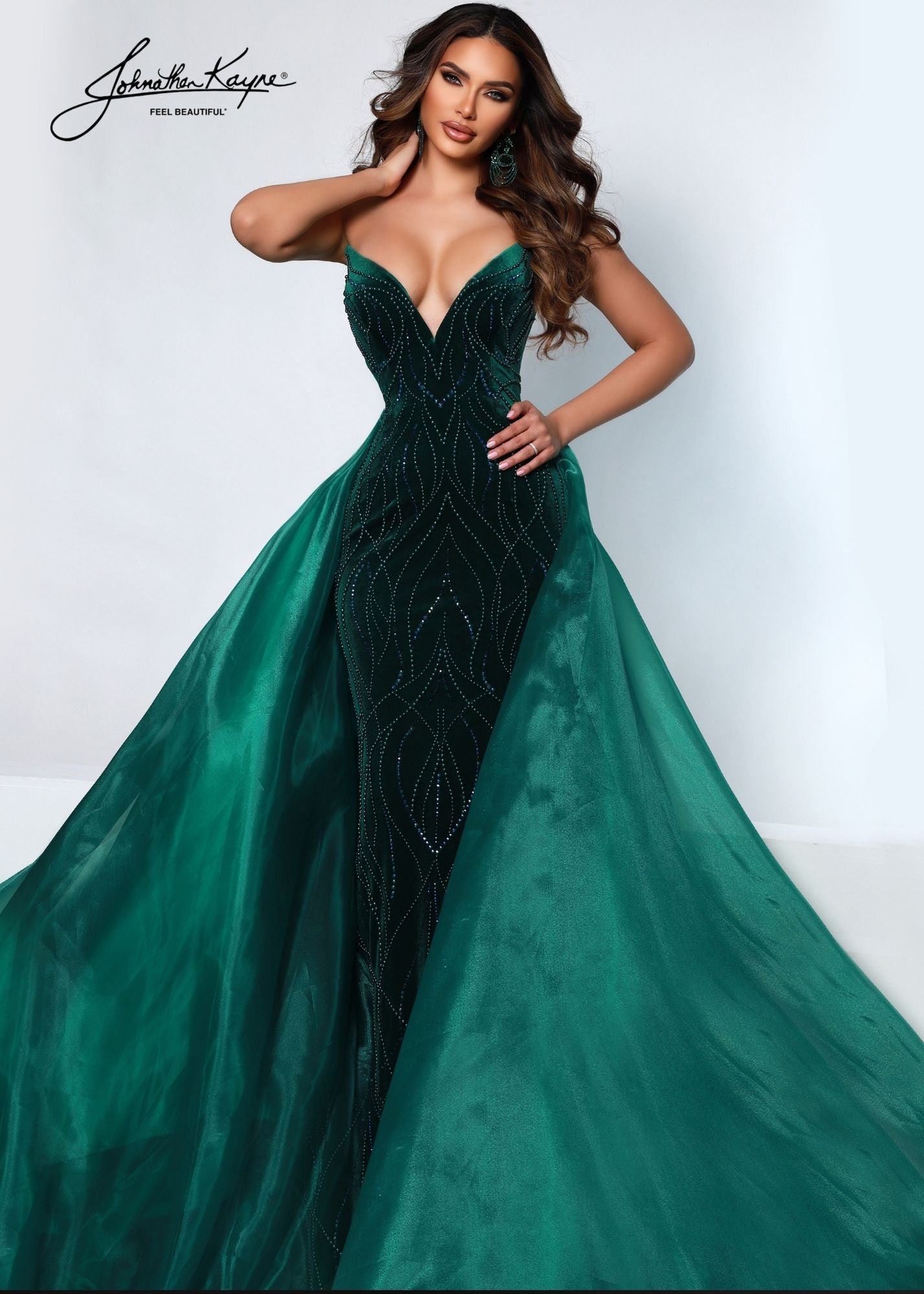 Johnathan-Kayne-2555-Emerald-Pageant-Gown-strapless-plunging-neckline-embellished-velvet-fitted-evening-dress-with-full-organza-overskirt