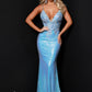 Johnathan Kayne 2531 Long Fitted Stretch Sequin Gown with 3d Lace embellished bodice and back. this Formal, Prom Dress & Pageant Gown Features a V Neckline and sweeping Train.  Sizes: 00, 0, 2, 4, 6, 8, 10, 12, 14, 16, 18, 20  Colors: Lilac, Peach, Powder Blue