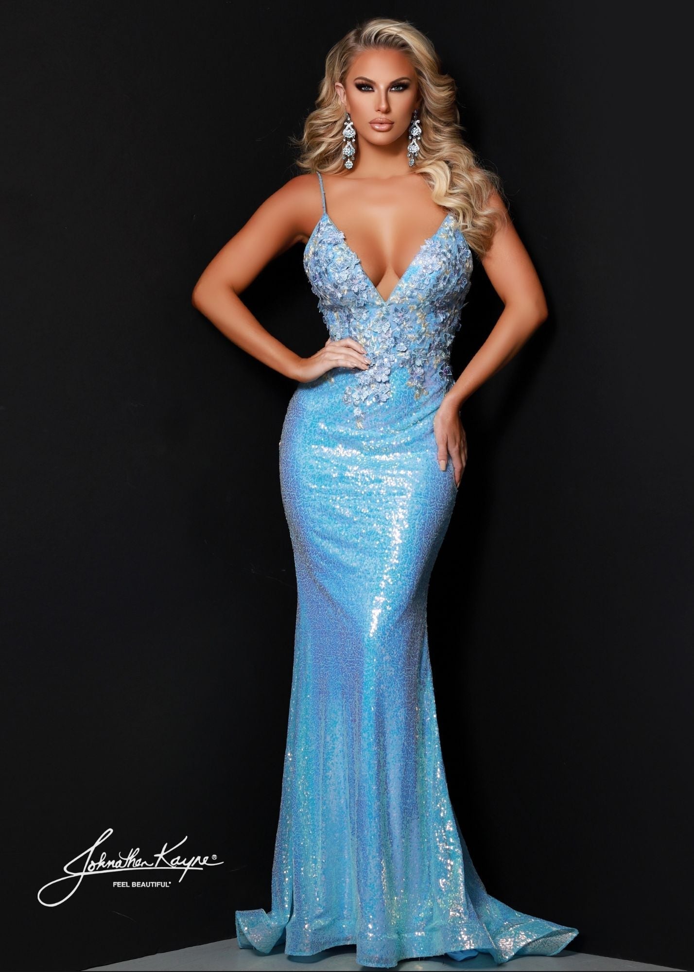 Johnathan Kayne 2531 Long Fitted Stretch Sequin Gown with 3d Lace embellished bodice and back. this Formal, Prom Dress & Pageant Gown Features a V Neckline and sweeping Train.  Sizes: 00, 0, 2, 4, 6, 8, 10, 12, 14, 16, 18, 20  Colors: Lilac, Peach, Powder Blue