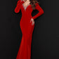 Johnathan Kayne 2505 long fitted stretch velvet Long Sleeve Formal Evening Gown featuring Puff Sleeves and a crystal rhinestone embellished v neckline. sweeping Train Dress  Sizes: 00, 0, 2, 4, 6, 8, 10, 12, 14, 16  Colors: Black, Red, Royal