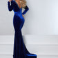 Johnathan Kayne 2505 long fitted stretch velvet Long Sleeve Formal Evening Gown featuring Puff Sleeves and a crystal rhinestone embellished v neckline. sweeping Train Dress  Sizes: 00, 0, 2, 4, 6, 8, 10, 12, 14, 16  Colors: Black, Red, Royal