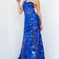 Jovani 02895 is a long fitted one shoulder formal prom dress.  Featuring a sheer fitted bodice and skirt. Sequin embellished lace appliques. Mermaid silhouette. sheer side panels with mesh insert. sweeping train with horse hair trim. Great Prom & Pageant Dress.