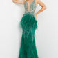 Jovani 03023 Emerald greem prom dress front v neckline embellished feather skirt