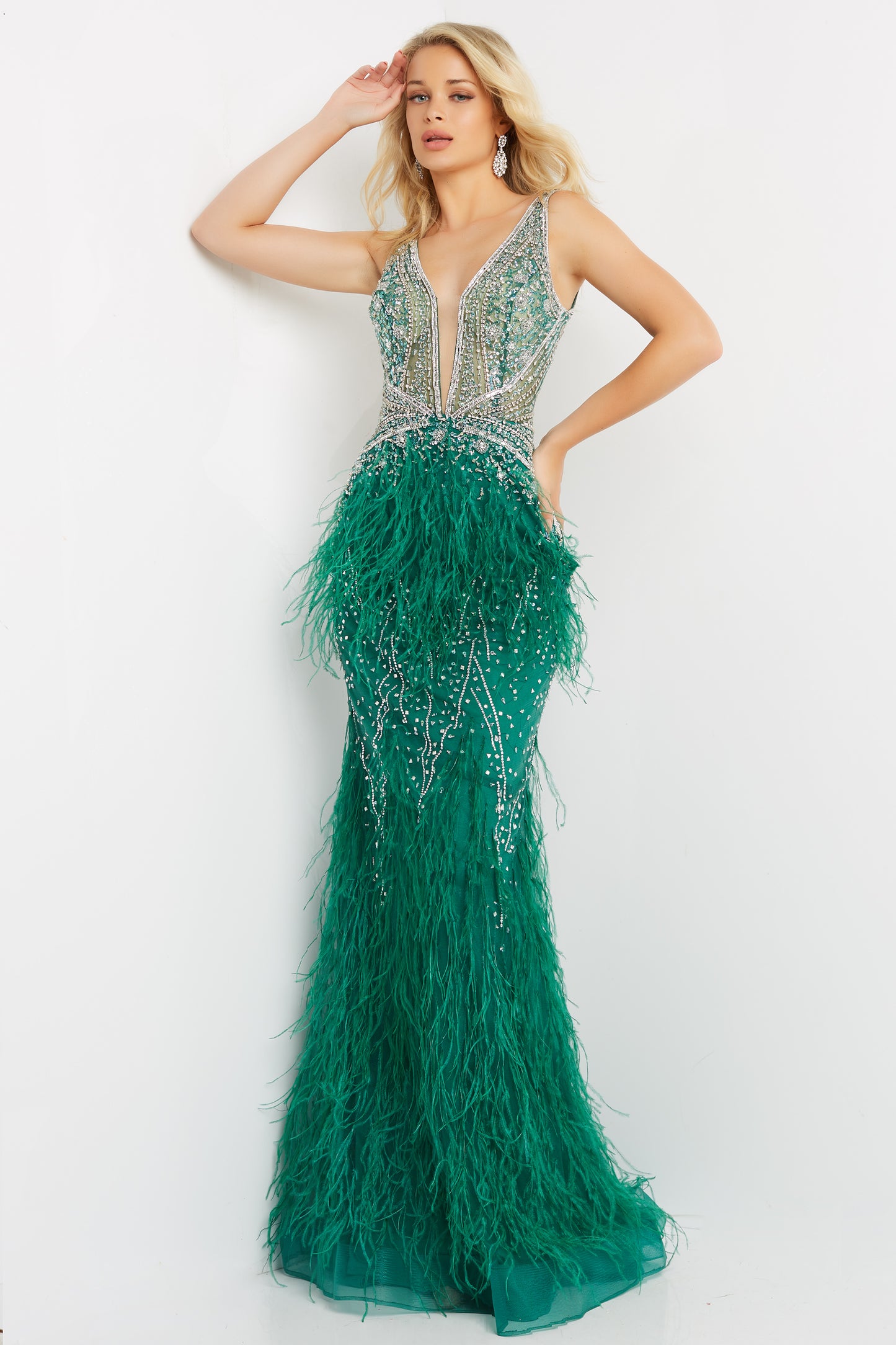 Jovani-03023-Emerald-prom-dresses-front-v-neckline-embellished-feather-skirt