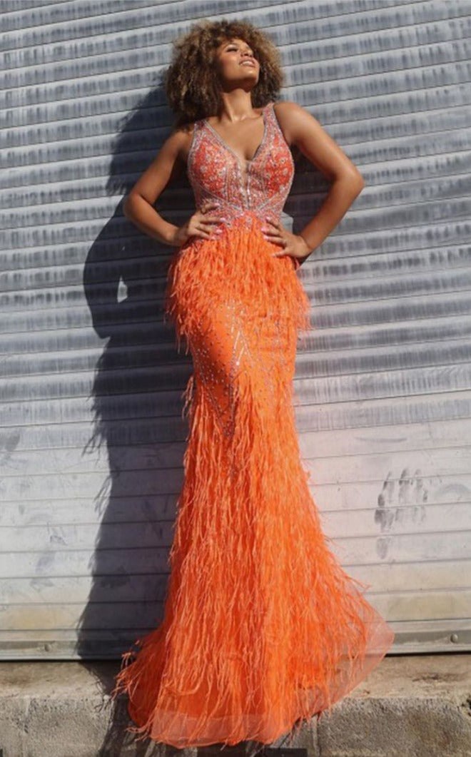    Jovani-03023-orange-feather-prom-dress-front-embellished-sheer