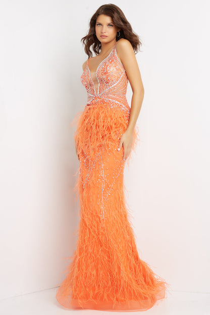 Jovani 03023 is a Long Feather Prom Dress, Pageant Gown, Wedding Dress & Formal Evening wear. This Sheer embellished bodice features a plunging v neckline with beading & crystal accents cascading through a feather embellished skirt. Very stunning and unique wedding dress!   Available Colors: Off White, Blush, Black, Light Blue, Lilac, Emerald, Orange  Available Sizes: 00-24