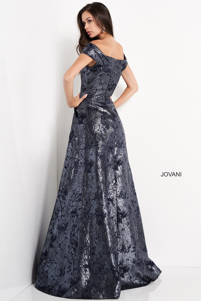 Jovani 03674 Navy Brocade Evening Dress Sweetheart Neckline Off the Shoulder Straps