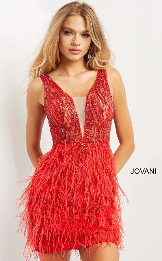 Jovani-04619-red-cocktail-dress-front-4-embellished-sheer-top-feather-fitted-skirt-homecoming-dress