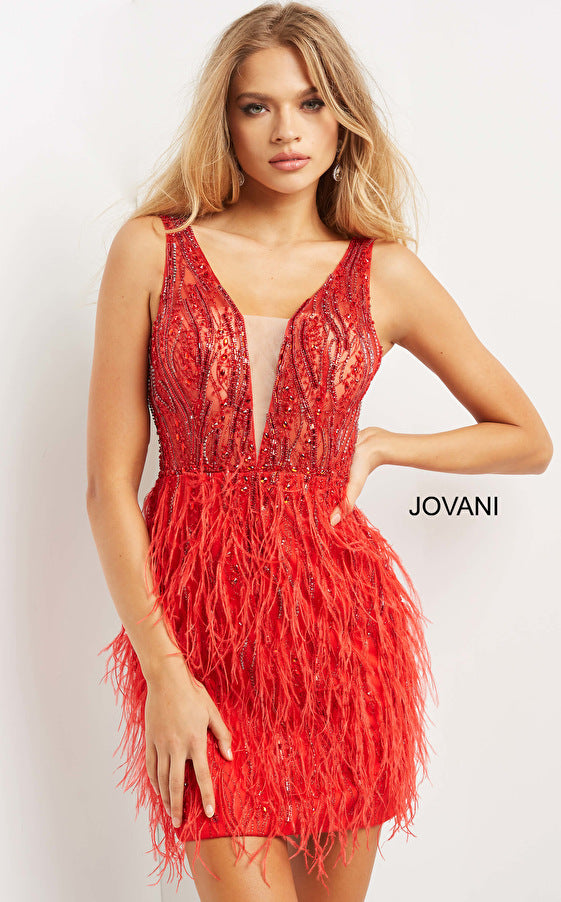 Jovani-04619-red-cocktail-dress-front-4-embellished-sheer-top-feather-fitted-skirt-homecoming-dress