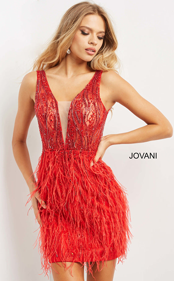 Jovani 04619 Envision yourself in this short feather embellished formal cocktail dress. It has a Sheer Beaded & Embellished Fitted Bodice with a deep V Plunging neckline and sheer mesh insert.  The open v back is sheer as well.  Embellishments cascade down into the sheath short skirt surrounded by lush feather accents. This dress is perfect for Prom, Pageant, Red Carpet, Homecoming & So many more formal events.