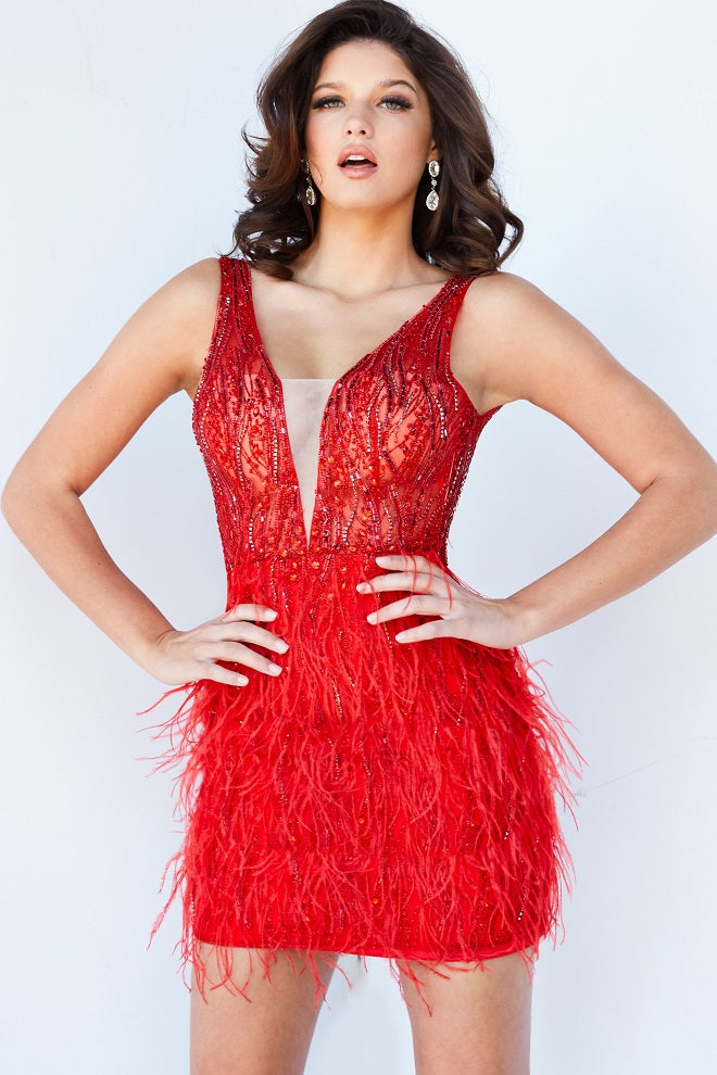 Jovani-04619-red-cocktail-dress-front-embellished-sheer-top-feather-fitted-skirt-homecoming-dress