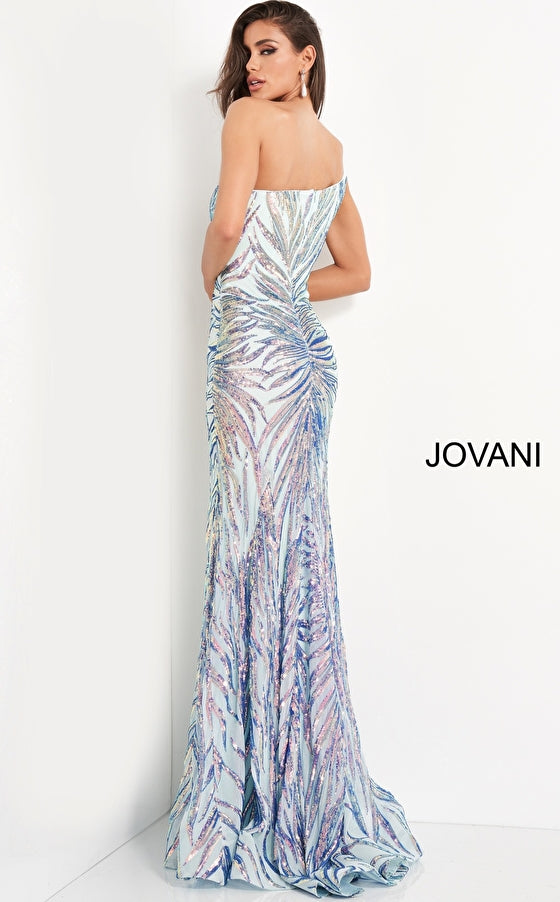 Jovani 05664 is a long fitted formal evening gown. This one shoulder Prom Dress has a Fit & Flare silhouette. Featuring Iridescent Embellished Sequin Asymmetrical  Starburst patterns that accentuate any figure! Lush sweeping train is perfect for Pageant Presence on stage!  Mint Multi