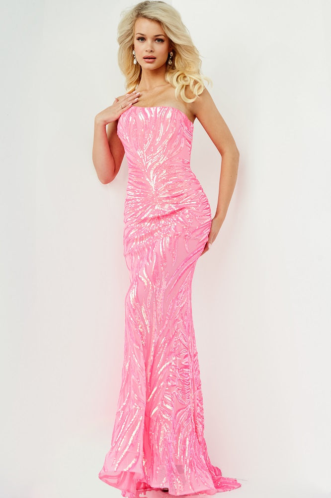 Jovani 05664 Jovani 05664 is a long fitted formal evening gown. This one shoulder Prom Dress has a Fit & Flare silhouette. Featuring Iridescent Embellished Sequin Asymmetrical  Starburst patterns that accentuate any figure! Lush sweeping train is perfect for Pageant Presence on stage! 