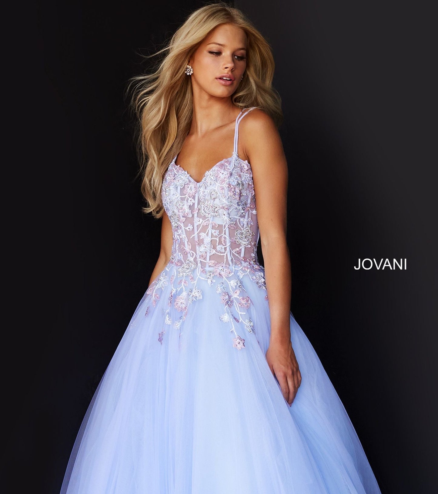 Jovani 06207 Lilac Prom Dress Ballgown v neckline Sheer floral corset bodice and tulle skirt