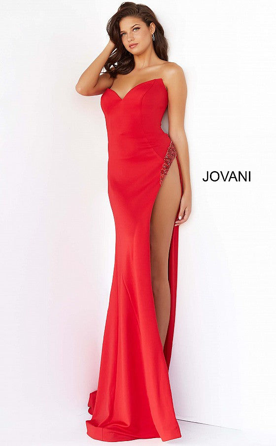 Jovani-07138-RED-Evening-pageant-dress-front-strapless-neckline-high-embellished-side-slit