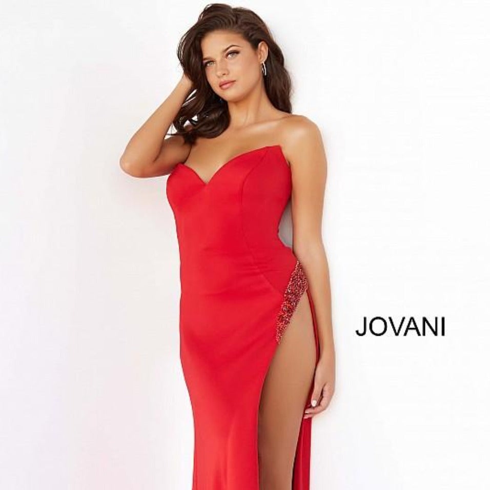 Jovani-07138-RED-Evening-pageant-prpom-dress-front-strapless-neckline-high-embellished-side-slit