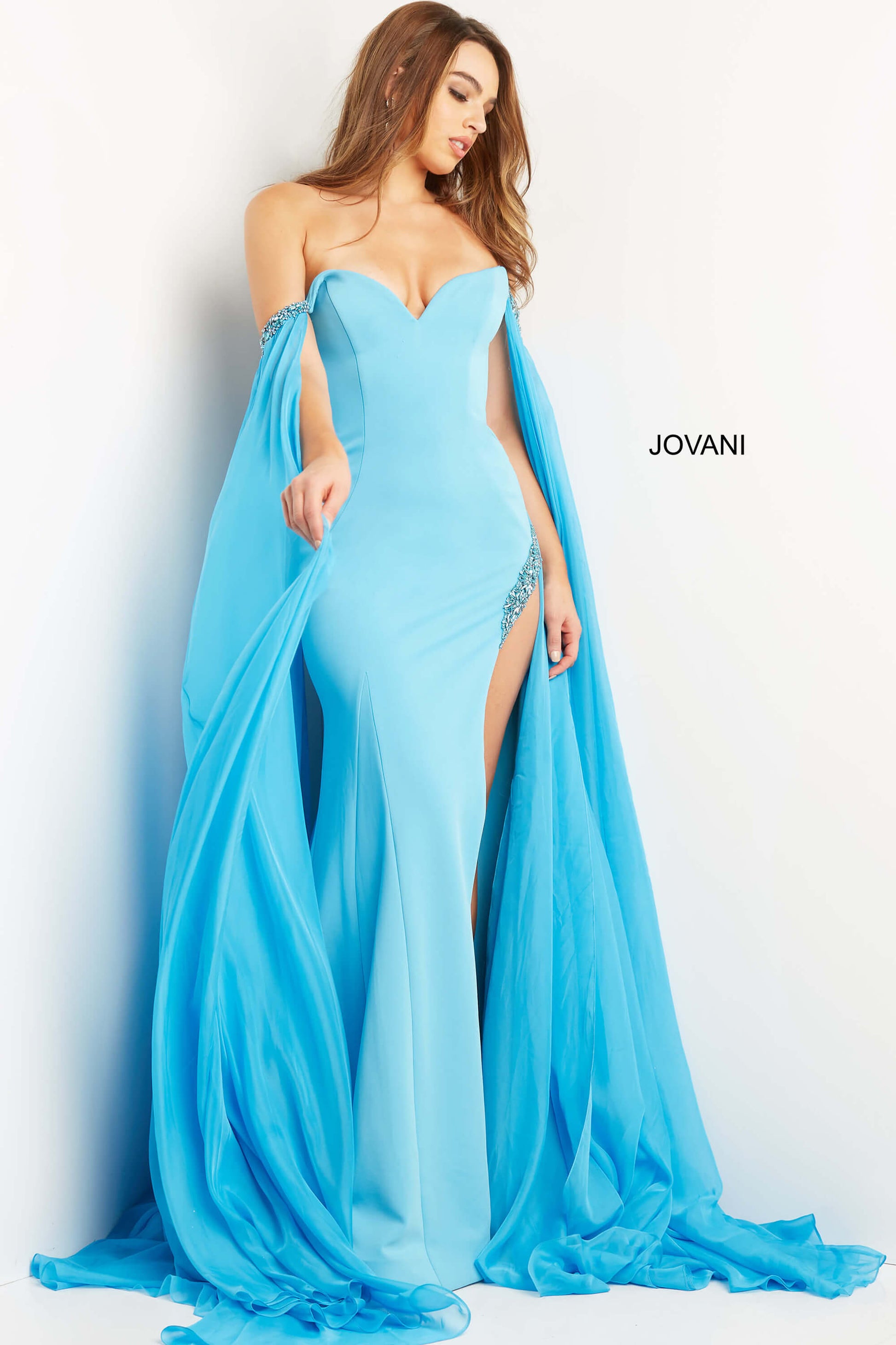 Jovani-07652-turquoise-blue-prom-dress-off-the-shoulder-strapless-flowy-cape-sleeves-fitted-side-slit