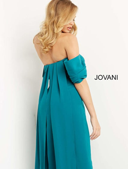 Jovani 08209 teal Jumpsuit back Prom Pageant Gown  Formal Jumpsuit Strapless Cape Sleeves Crepe Fit and Flare Pants