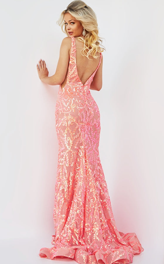 Jovani 22811 Prom Dress.  Iridescent patterned sequins, with a plunging V-neckline, an open V-back, and sheer illusion sides.  It is a fit and flare evening gown, finished with a horsehair hem and a court train.  Iridescent Coral