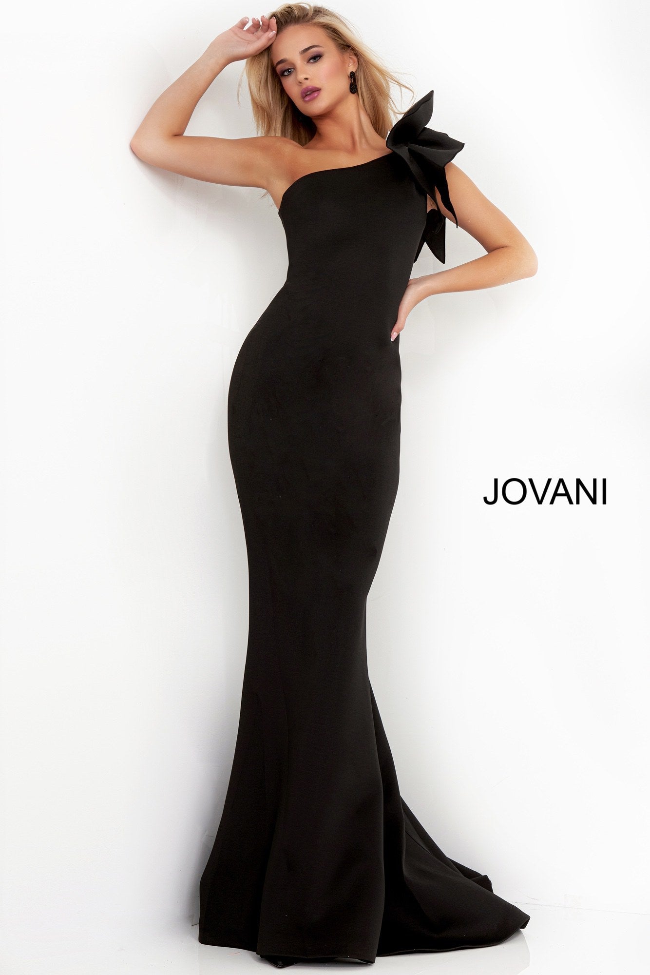 Jovani 32602 One shoulder ruffle bow long scuba mermaid prom dress evening gown black