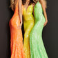 Jovani-3263-Orange-Yellow-Green-prom-dress-front-v-neckline-sequins-long-v-back