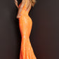 Jovani-3263-Orange-prom-dress-back-v-neckline-sequins-long-v-backJovani 3263 is a long Fitted Mermaid Prom Dress with a damask print sequin embellished pattern. Plunging V Neckline and open V Back. Lush Trumpet Skirt is great for the stage in this formal evening gown & Pageant Dress. wedding dress  Available Sizes: 00-24  Available Colors: BLACK/GUNMETAL, BLACK/ROSE, GREEN/MULTI, HOT PINK, LIGHT BLUE, LIGHT PINK, NEON GREEN, ORANGE, YELLOW
