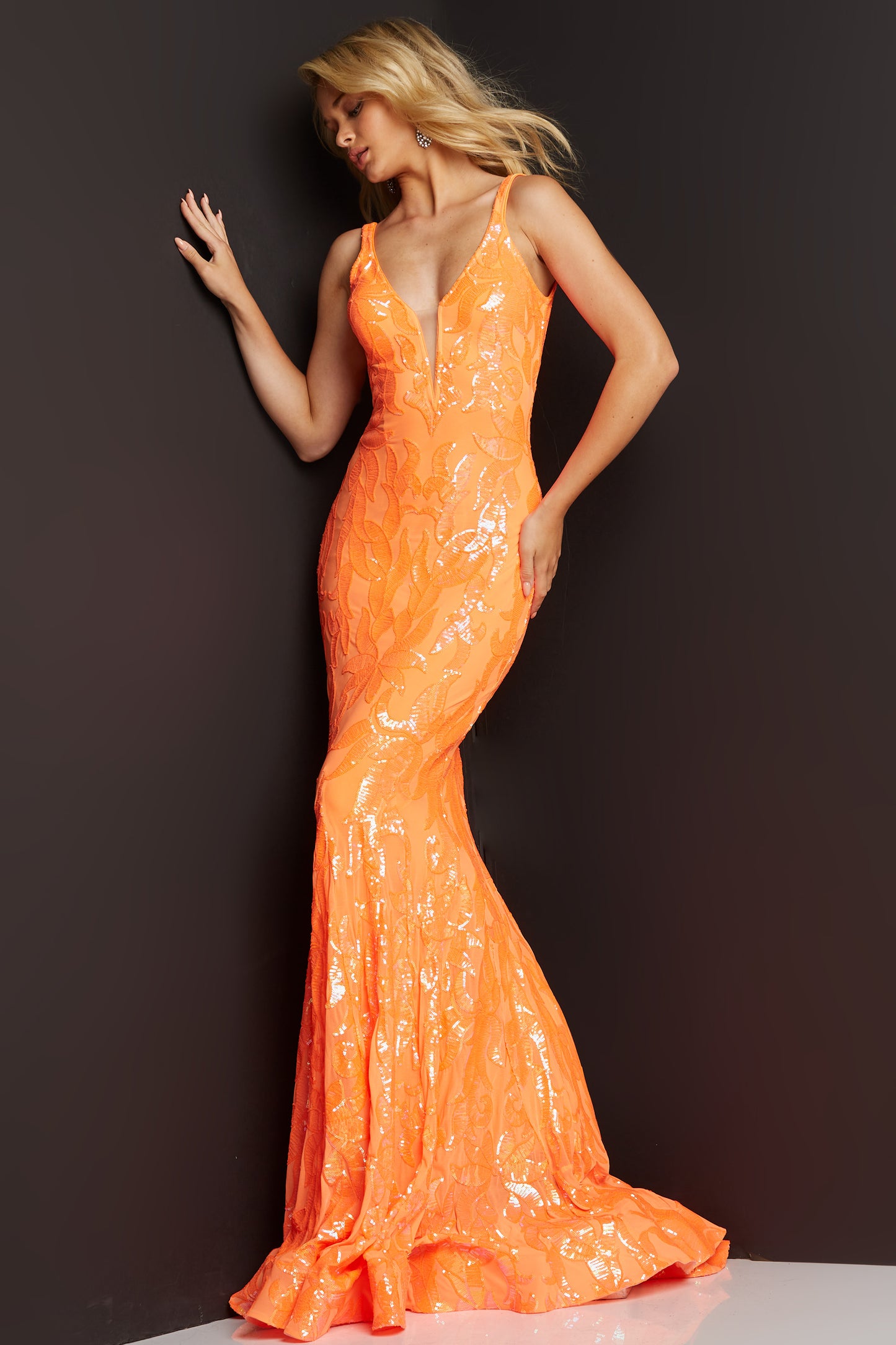 Jovani-3263-Orange-prom-dress-front-2-v-neckline-sequins-long-v-backJovani 3263 is a long Fitted Mermaid Prom Dress with a damask print sequin embellished pattern. Plunging V Neckline and open V Back. Lush Trumpet Skirt is great for the stage in this formal evening gown & Pageant Dress. wedding dress  Available Sizes: 00-24  Available Colors: BLACK/GUNMETAL, BLACK/ROSE, GREEN/MULTI, HOT PINK, LIGHT BLUE, LIGHT PINK, NEON GREEN, ORANGE, YELLOW