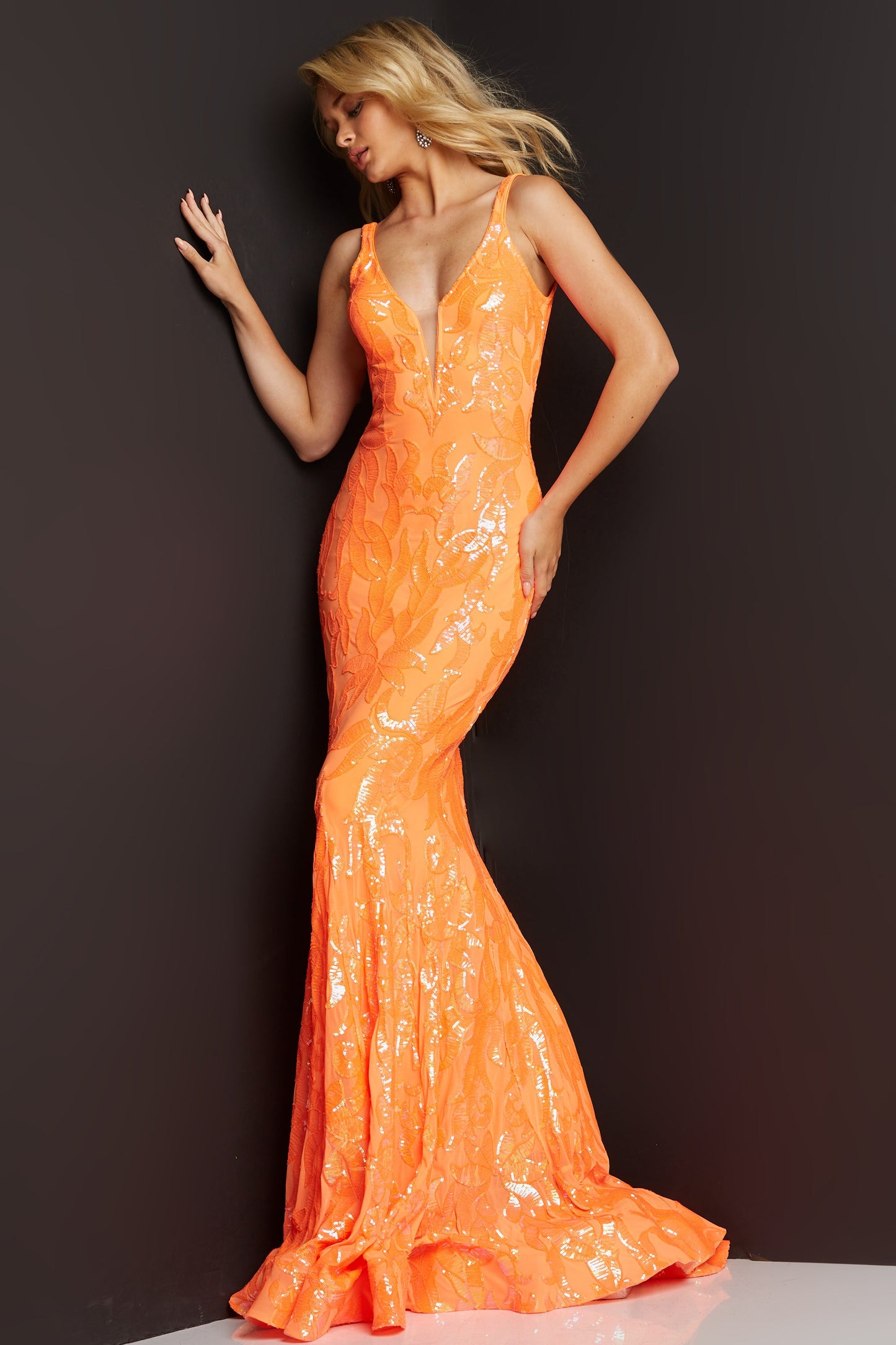 Jovani-3263-Orange-prom-dress-front-2-v-neckline-sequins-long-v-back