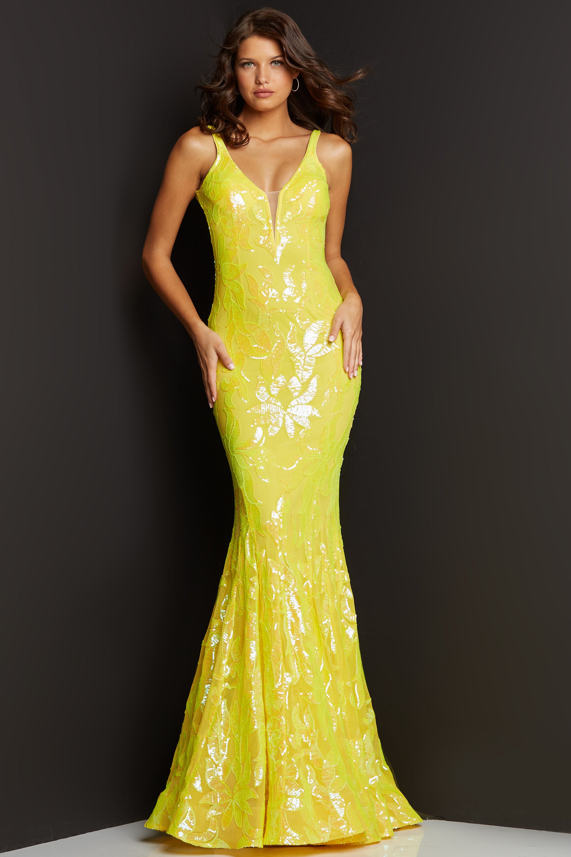Jovani 3263 yellow is a long Fitted Mermaid Prom Dress with a damask print sequin embellished pattern. Plunging V Neckline and open V Back. Lush Trumpet Skirt is great for the stage in this formal evening gown & Pageant Dress. 