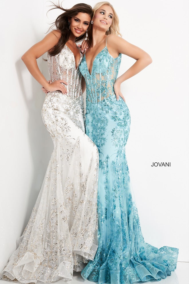 Jovani 3675 Prom Dress Sheer Corset Shimmer Mermaid Pageant Gown