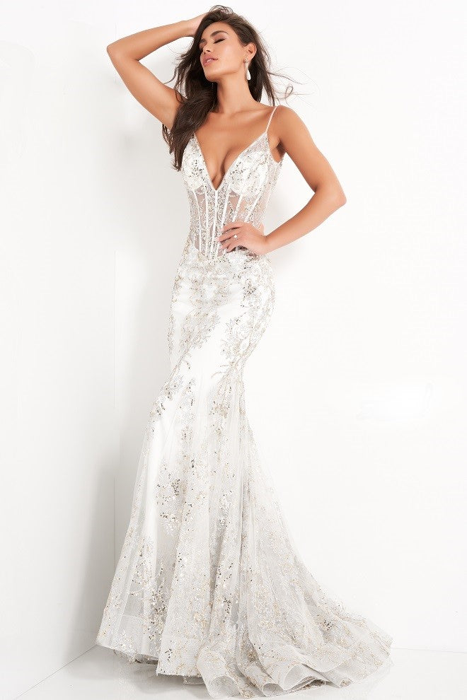 Jovani-3675-White_Gold_Silver-Prom-Dress-Front-View-Embellished-Mermaid-Sheer-Corset