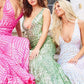 Long Jovani 59762 Prom Dress, Featuring a plunging neckline & A Fully sequined Fitted Mermaid Bodice. This Open V Back Pageant Gown & prom dress is perfect for the stage is has a lush trumpet sequin embellished skirt and sweeping train. White green fuchsia neon hot pink.