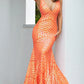 Jovani 59762 Neon Orange Sequin Embellished Mermaid prom dress Pageant Gown plunging neckline