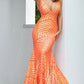 Long Jovani 59762 Neon Orange Prom Dress, Featuring a plunging neckline & A Fully sequined Fitted Mermaid Bodice. This Open V Back Pageant Gown & prom dress is perfect for the stage is has a lush trumpet sequin embellished skirt and sweeping train.