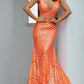 Jovani 59762 Sequin Embellished Mermaid prom dress Pageant Gown plunging neckline neon orange color.