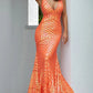 Jovani 59762 Sequin Embellished Mermaid prom dress Neon Orange Pageant Gown plunging neckline