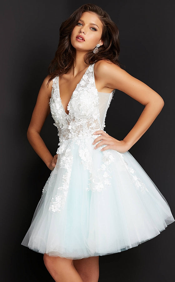Jovani-63987-OFF-WHITE-LIGHT-BLUE-Homecoming-Dress-Front-Tulle-lace-fit-and-flare-v-neckline.