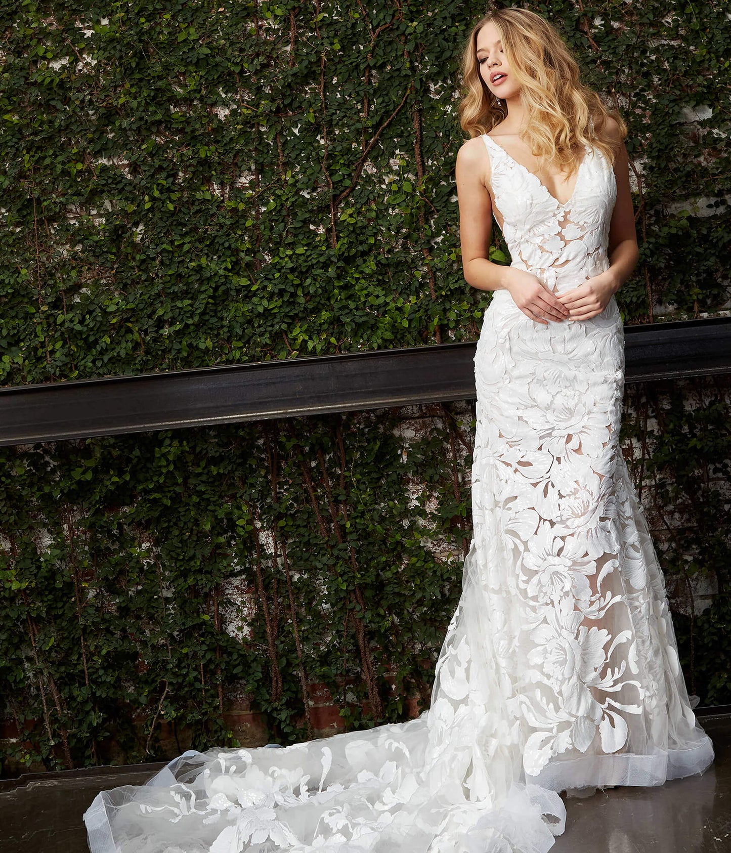 Jovani Bridal JB04192 White Wedding Dress  Sequin Floral Sheer Lace V Neck Wedding Dress Sheer Fitted Gown