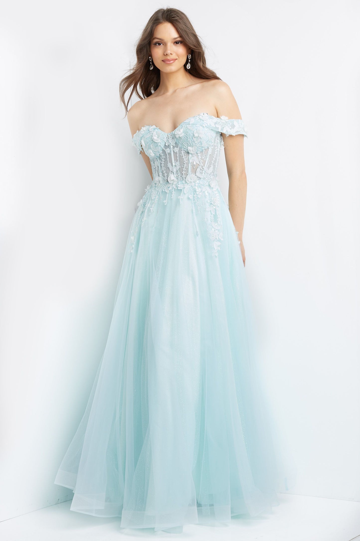    Jovani-JVN-08295-aqua-prom-dress-front-off-the-shoulder-3D-lace-appliques-corset-sheer-bodice-glitter-ballgown-skirt