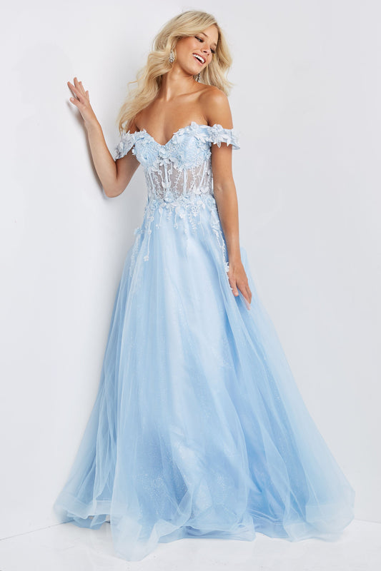 Jovani-JVN-08295-light-blue-prom-dress-front-off-the-shoulder-3D-lace-appliques-corset-sheer-bodice-glitter-ballgown-skirt