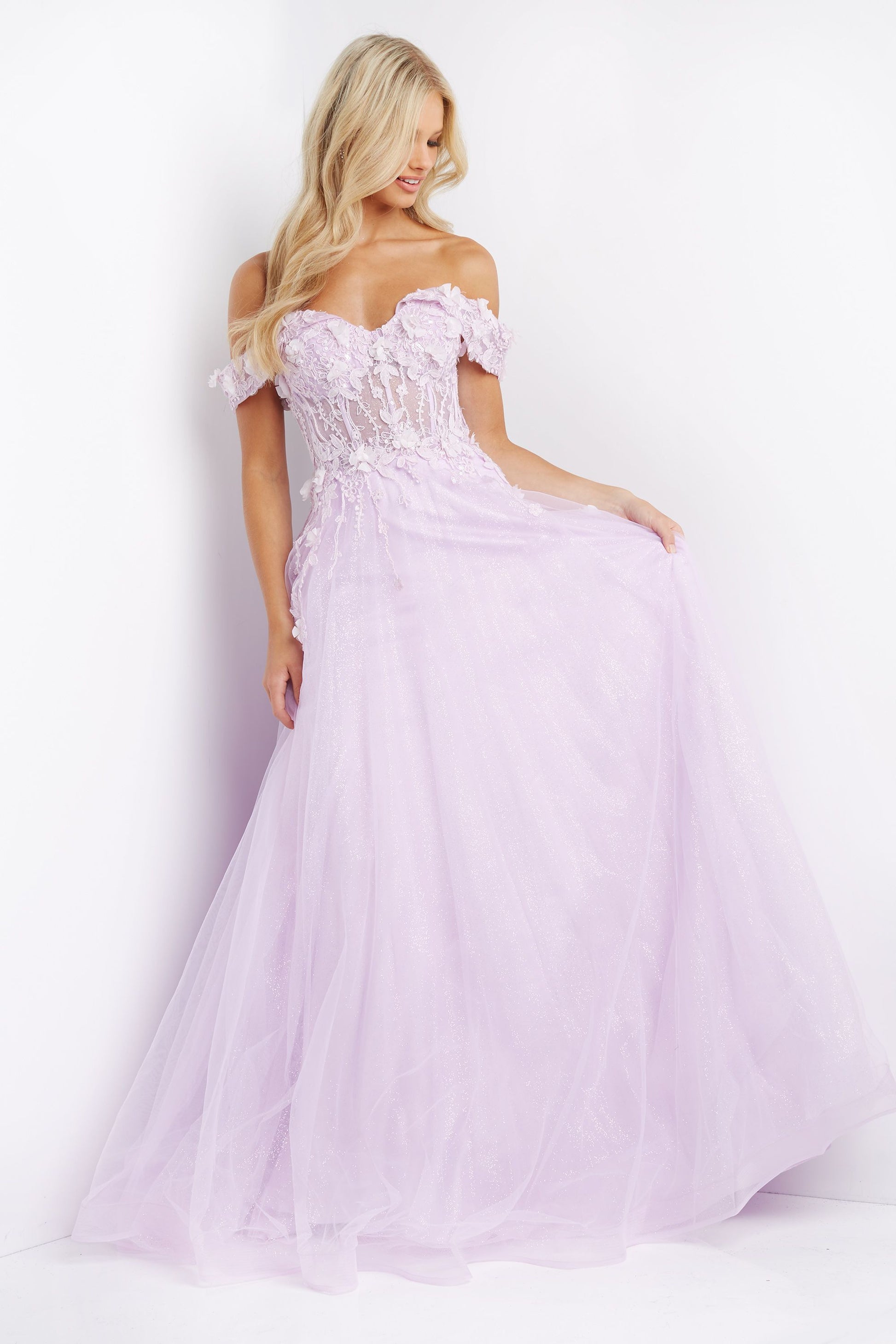 Jovani-JVN-08295-lilac-prom-dress-front-off-the-shoulder-3D-lace-appliques-corset-sheer-bodice-glitter-ballgown-skirt